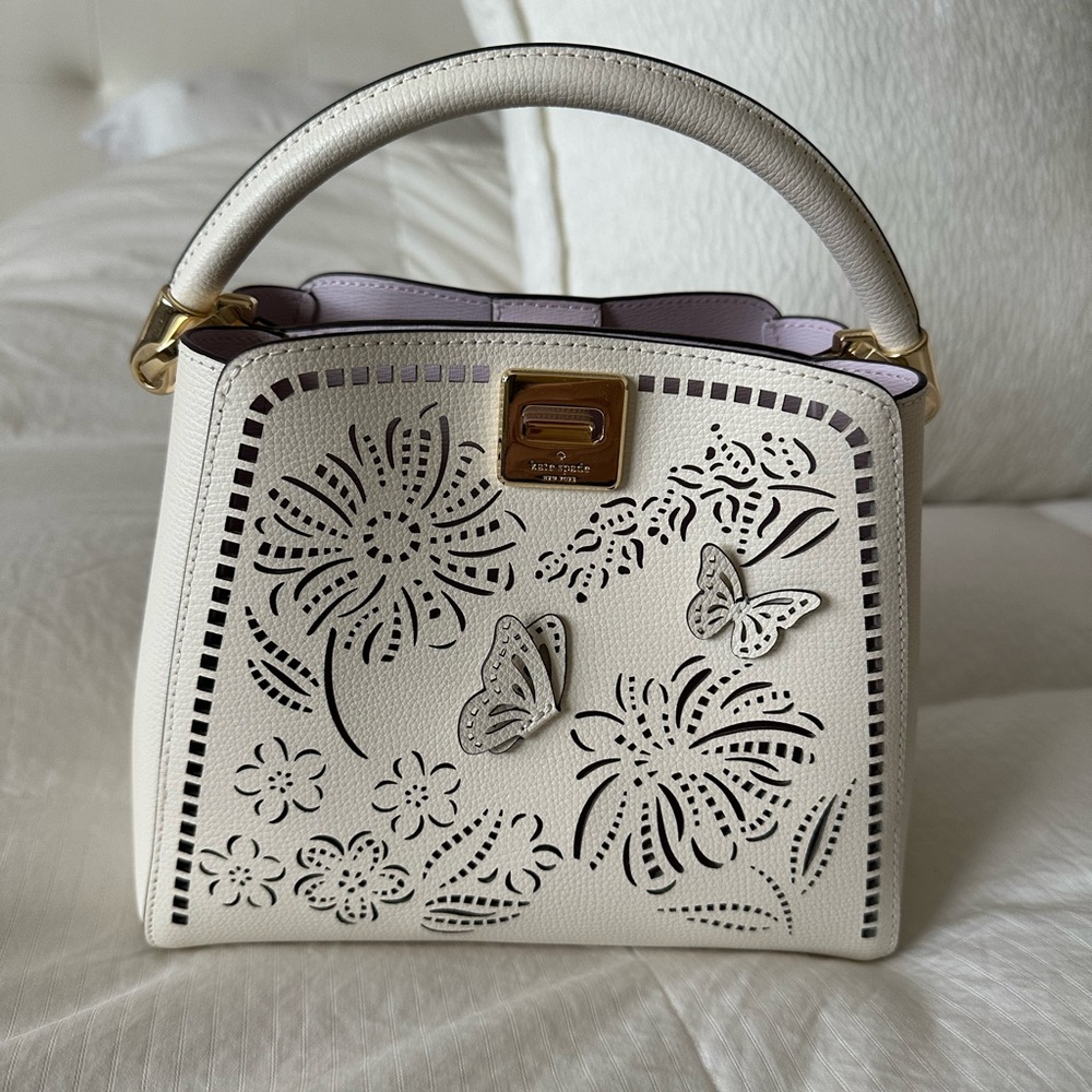 ♠️Kate Spade♠️ White Leather Satchel with Floral and Butterfly Cutouts